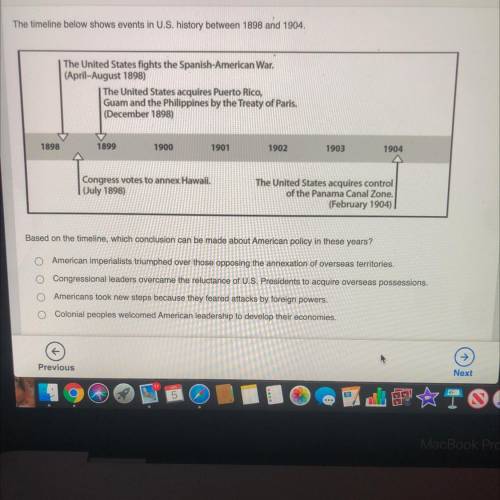 The timeline below shows events in U.S. history between 1898 and 1904.

The United States fights t