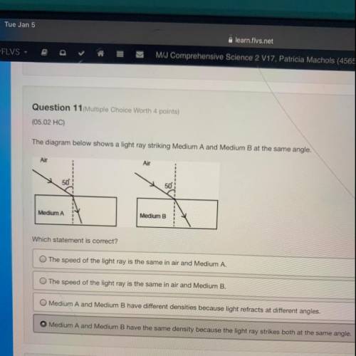 The diagram below shows a light ray striking Medium A Medium B at the same angle