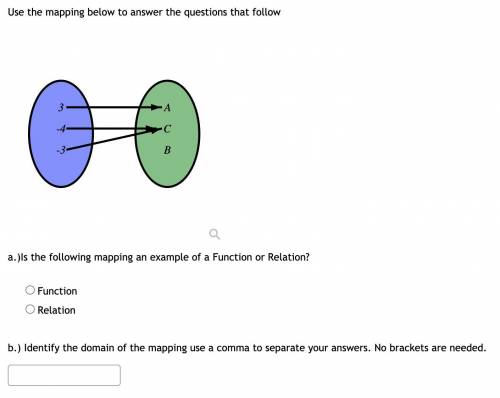 Someone please HELP ME with this!!

a.) Is the following mapping an example of a Function or Relat