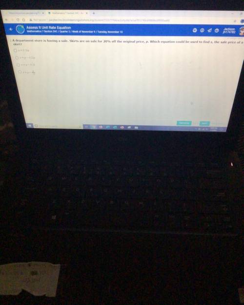 The answers are, s=0.20p

s=p-0.20p
s=p-0.20
s=p-p/20 please help I’m so close to passing math