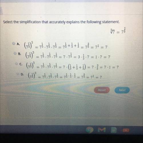 Select the simplification that accurately explains the following statement.
3/7 = 73