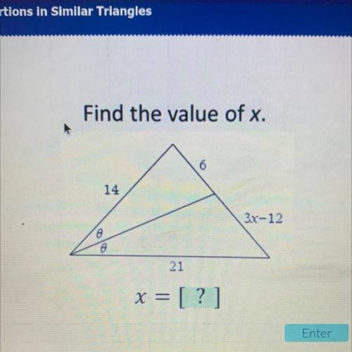 Find the value of x.
6
14
3x-12
8
21
x = [?]