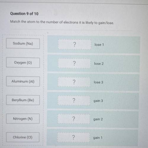 Match the atom to the number of electrons it is likely to gain/lose.

1. Sodium (Na)
A. lose 1
2.