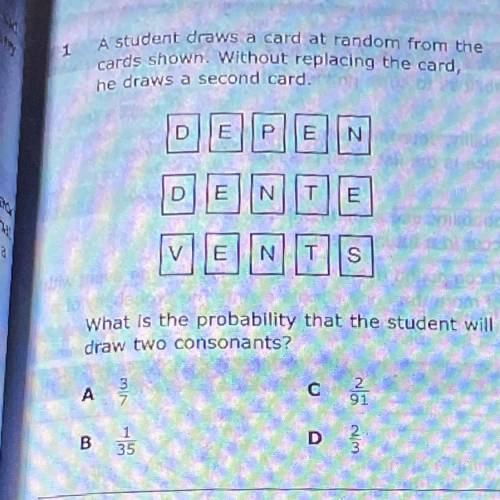 A student draws a card at random from the

cards shown. Without replacing the card,
1
he draws a s