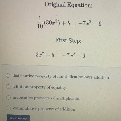 When solving an equation, Emily’s first step is shown below. which property justifies Emilys first