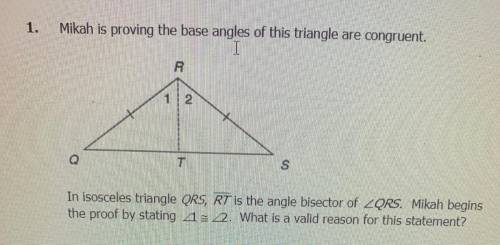 Need help plzzz

Mikah is proving the base angles of the triangle are congruent
Answer choices 
A.