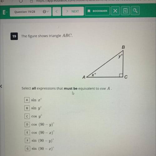 Which of these expressions are equivalent to cos A? Trigonometry