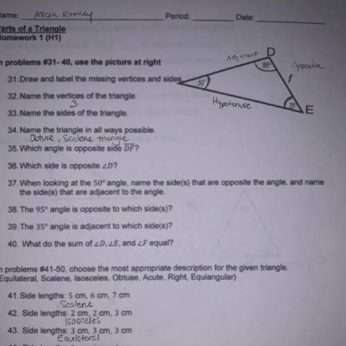 PARTS OF TRIANGLES! HELPP GIVING BRAINLIEST ANSWER!! 
#31-40 PLZ