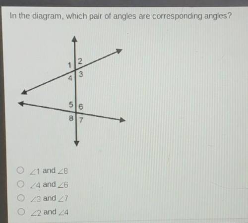 In the diagram, which pair of angles are corresponding angles? 2 1 1 3 516 817 O 21 and 28 O 24 and
