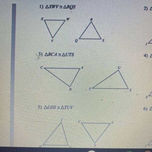 Mark all six congruent parts of each pair of triangles to indicate that they are congruent