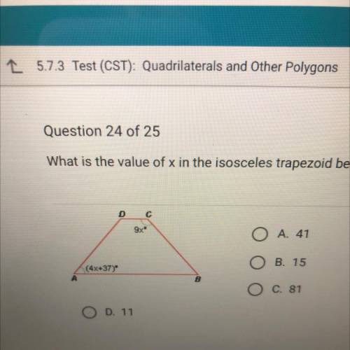 What is the value of x in the isosceles trapezoid below?