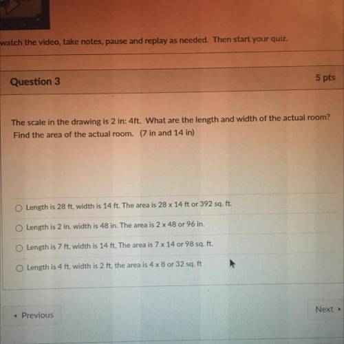 The scale in the drawing is 2 in: 4ft. What are the length and width of the actual room?

Find the