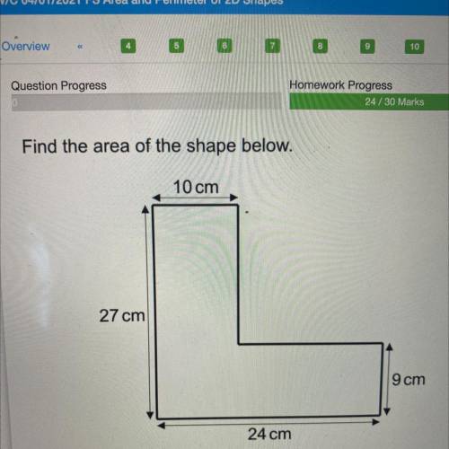 Find the area of the shape below.
10 cm
27 cm
9 cm
24 cm