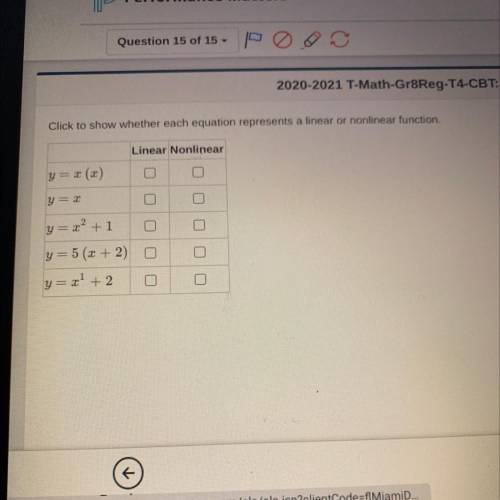 Click to show whether each equation represents a linear or nonlinear function

Linear Nonlinear
С