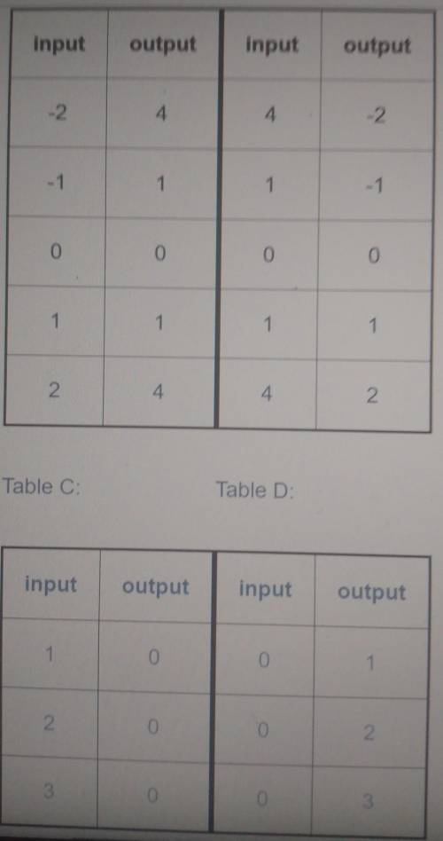 These tables correspond to inputs and outputs. Which of these input and output tables could represe