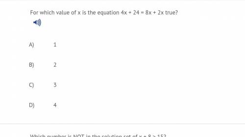 For which value of x is the equation 4x + 24 = 8x + 2x true?