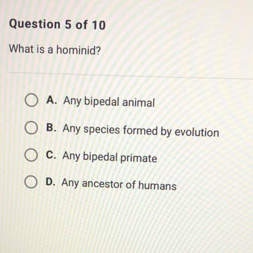 What is hominid

A. Any bipedal animal
B. Any species formed by evolution
C. Any bipedal primate
D