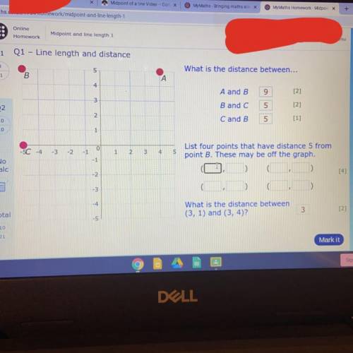 I need help on listing the four points that have a distance of 5 from the point B, correct answer I