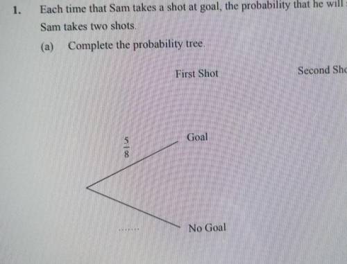 Each time Sam takes a shot the probability that he will score is 5/8

Sam takes two shotsComplete