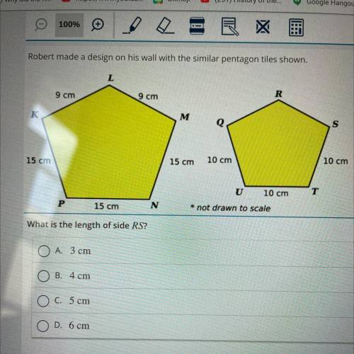 Robert made a design on his wall with the similar pentagon tiles shown.

L
9 cm
9 cm
R
K
M
Q
s
10