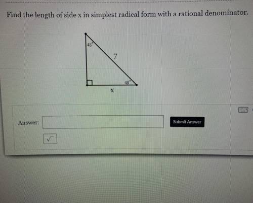 Find the length of side x in simplest radical form with rational denominator