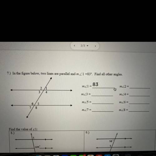 In the figure below,two lines are parallel and m < 1 =83°. Find all other angles