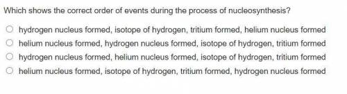 Which shows the correct order of events during the process of nucleosynthesis?

please if anyone c