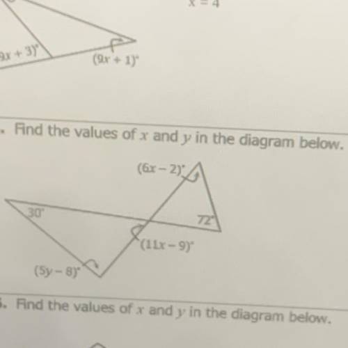 Find the values of x and y in the diagram below.
(6x - 2)
(11x-9)
(5y-8)