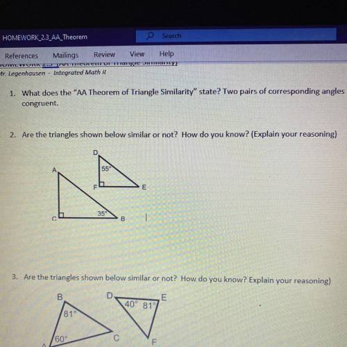 2. Are the triangles shown below similar
not? How do you know? (Explain your reasoning)