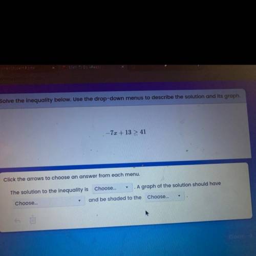 Solve the inequality below. Use the drop-down menus to describe the solution and its graph.

- 7x+