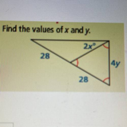 Find the values of x and y.
2x 28 4y 28
