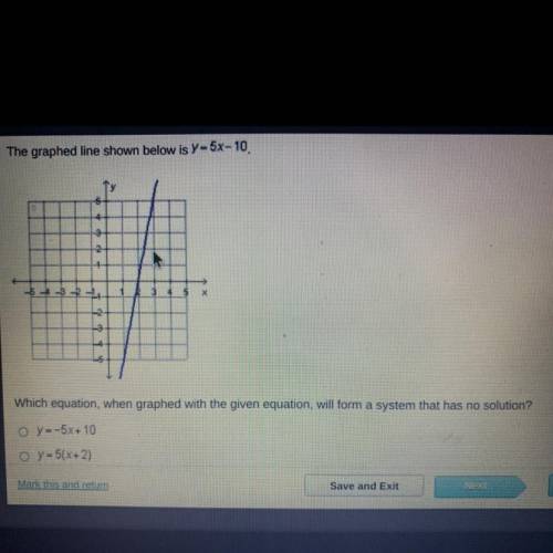 The graphed line shown below is Y = 5x-10

CTS
5
2
Which equation, when graphed with the given equ