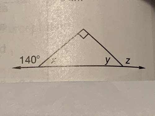 Plz help!! :) 
Find the measures of angles x, y, and z.