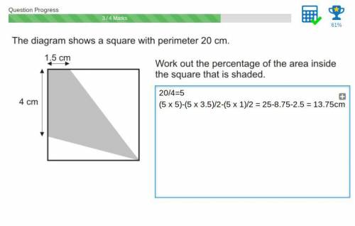 The diagram shows a square with perimeter 20cm.work out the percentage of the area inside the squar