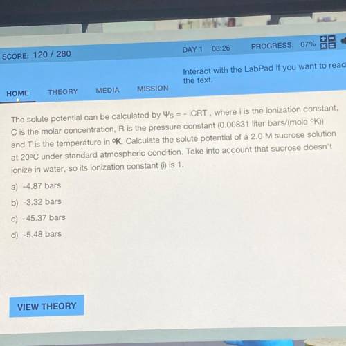 Will give brainliest!

Calculate the solute potential of a 2.0 M sucrose solution
at 20°C under st