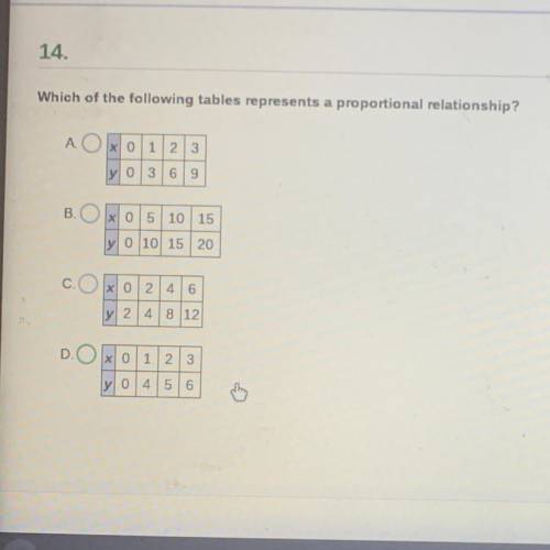 14.

Which of the following tables represents a proportional relationship?
A. O x 0 1 2 3
y 0 369