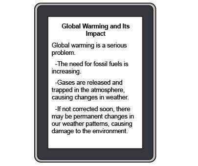 A list titled global warming and its impact. There is an introductory sentence Global warming is a