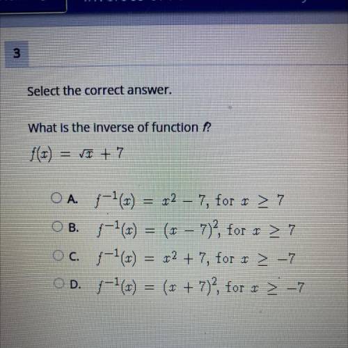 Select the correct answer. 
What is the inverse of function f?
F(x) = vx + 7