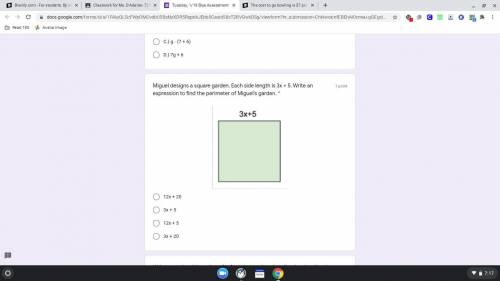 Miguel designs a square garden. Each side length is 3x + 5. Write an expression to find the perimet