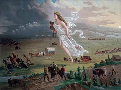 Explain how imagery is used, in this painting, to support the idea of Manifest Destiny. Your answer