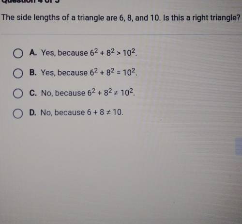 The side lengths of triangle are 6,8,10 is this is a right angle

Help hurry plz it is almost due.