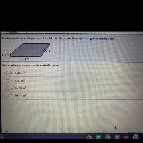 How much concrete was used to make the patio

A 1.44m^3
B 7.80m^3
C 14.50m^3
D 30.34m^3