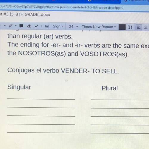 Conjugas el verbo VENDER- TO SELL.
Singular
Plural