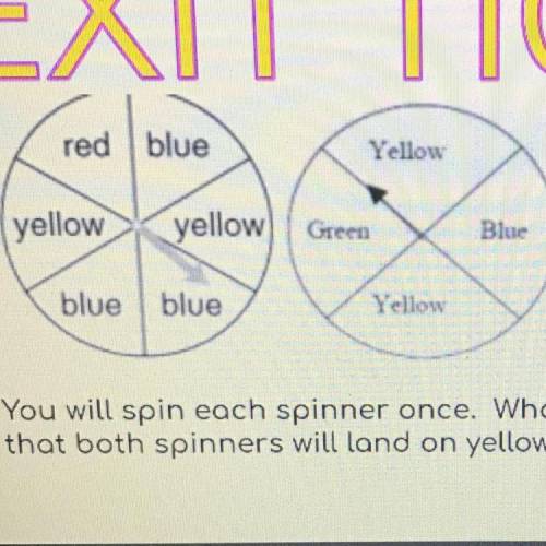 You will spin each spinner once. What is the probability
that both spinners will land on yellow?