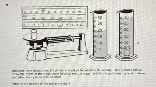 Students were given a metal cylinder and asked to calculate its density . The pictures above show t