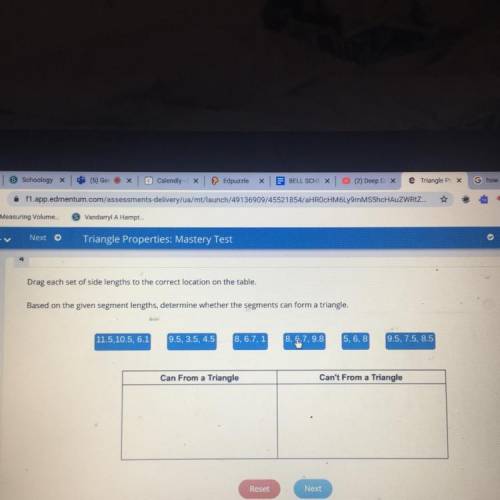 Drag each set of side lengths to the correct location on the table.

Based on the given segment le