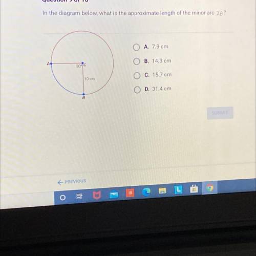 In the diagram below, what is the approximate length of the minor arc AB?

A. 7.9 cm
B. 14.3 cm
C.