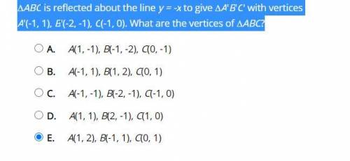 ∆ABC is reflected about the line y = -x to give ∆A'B'C' with vertices

A'(-1, 1), B'(-2, -1), C(-1