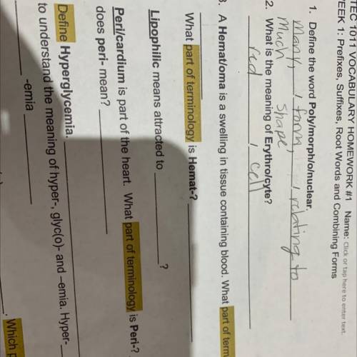 3. A Hemat/oma is a swelling in tissue containing blood. What part of terminology is -oma?

What p