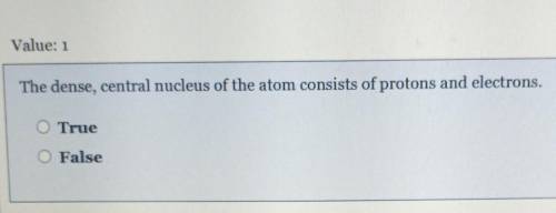 Help please have to turn this in tonight.

The dense, central nucleus of the atom consists of prot